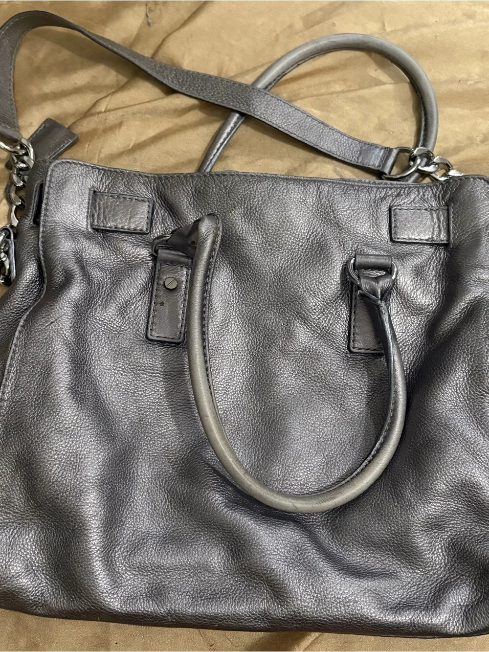 Michael Kors Metallic Charcoal Hamilton Leather Shoulder Bag with Chain Accents